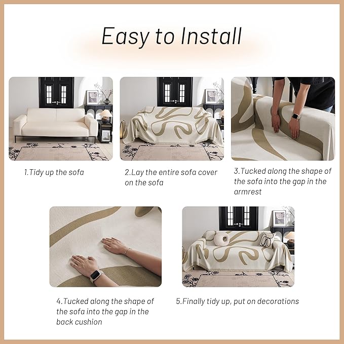 MYSKY HOME Boho Couch Cover Super Soft Couch Covers for 2-3 Cushion Couch Sofa, Modern Khaki Jacquard Sofa Slipcover Loveseat Futon Cover, Couch Covers for Sectional Sofa, 71" x 102", Khaki Curve