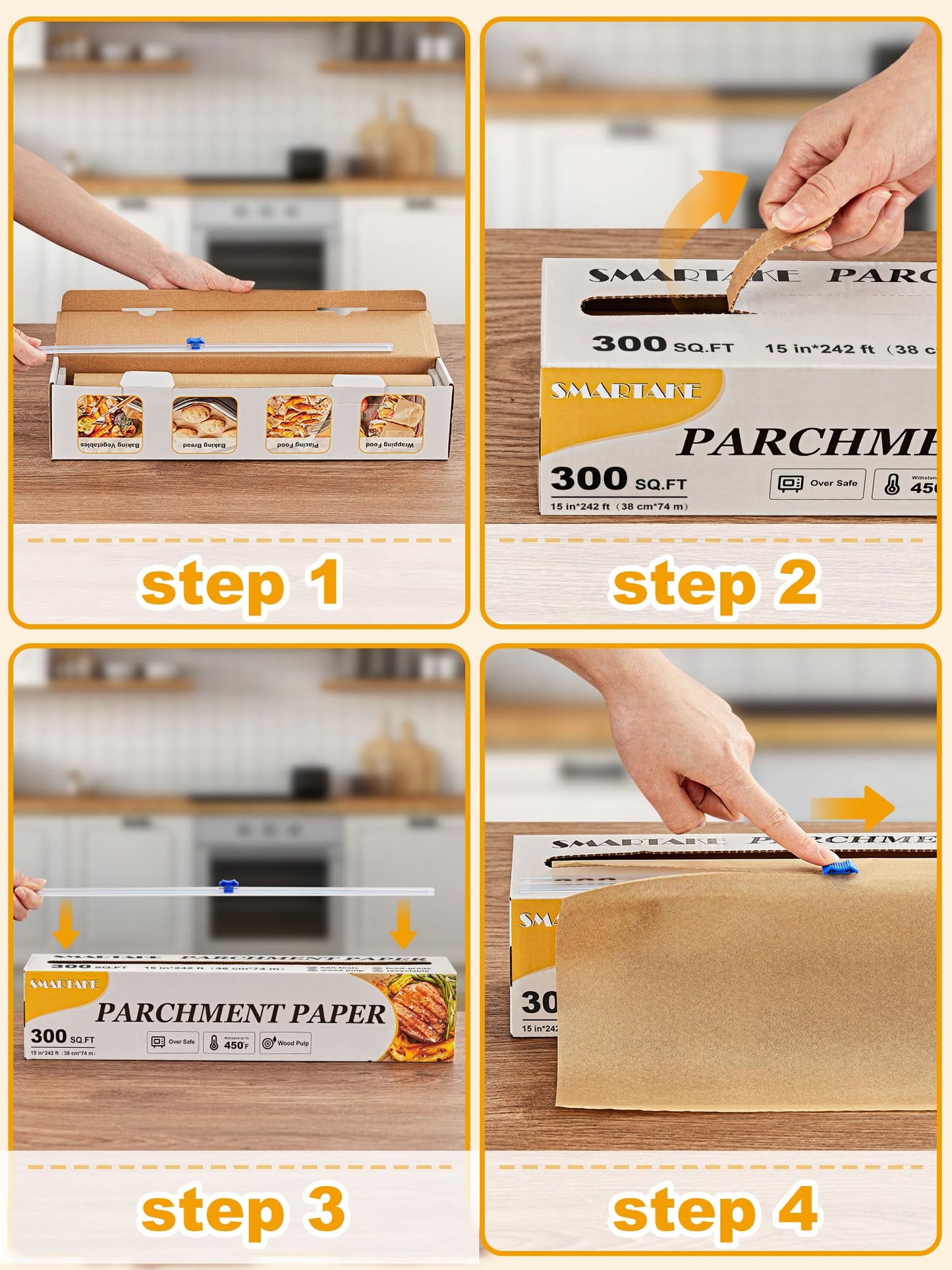 SMARTAKE Parchment Paper Roll for Baking, 15 in x 242 ft, 300 sq.ft, Non-Stick Baking Paper Sheets with Slide Cutter, Heavy Duty Extra Long, for Kitchen Baking Cooking Grilling Steaming, Unbleached