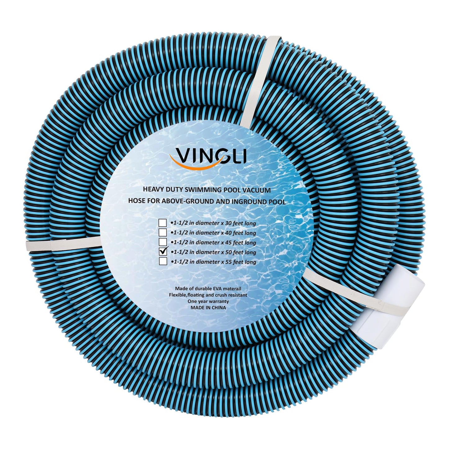 VINGLI 1-1/2-Inch by 50-Feet Blue Swimming Pool Vacuum Hose for Inground and Above-Ground Pools