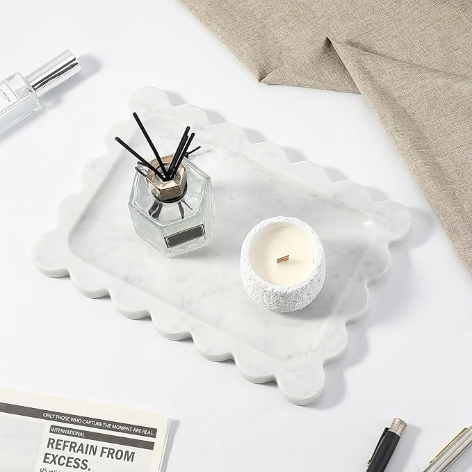 Koville Scalloped Marble Tray, 11"x8" Marble Vanity Tray for Countertop Bathroom Kitchen Dresser, Natural Stone Tray for Jewelry Perfume Home Decor, Decorative Catchall Trays(Bianco Carrara)