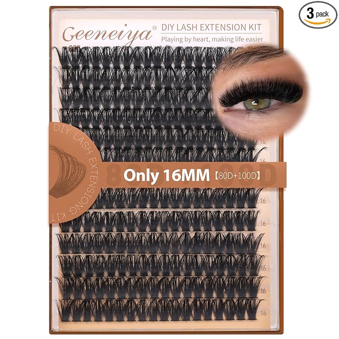 Geeneiya 16MM Volume Lash Clusters Kit DIY Lash Extension Kit D Curl Eyelash Extensions with Waterproof Lash Bond and Seal Waterproof Tweezers,Only 16MM, 80D+100D