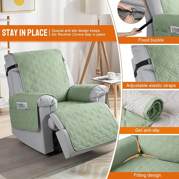 VANSOFY 100% Waterproof Recliner Chair Covers, Recliner Cover Non-Slip Dog Chair Cover Furniture Protector Washable Slipcover with Pocket, Elastic Straps for Pets, Dogs(Light Green, 25")
