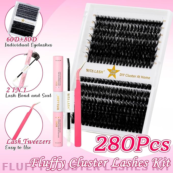 RITALASH Lash Extension Kit 60D+80D DIY Lash Clusters 280pcs Cluster Lashes Individual Lashes Eyelash Extension Kit with Lash Bond and Seal,Lash Tweezers(60D+80D Kit,9-15mm Mixed)