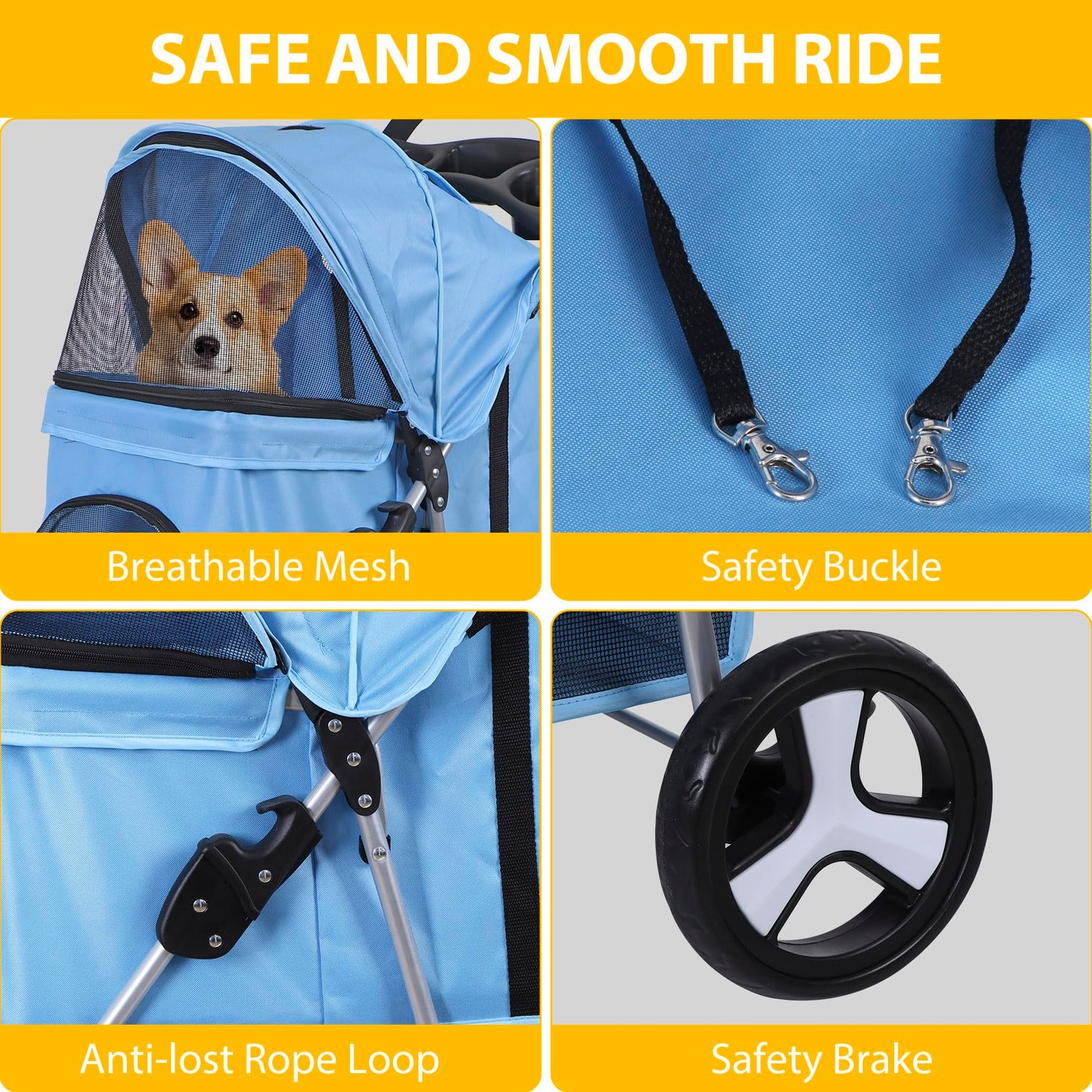 Foldable Pet Stroller for Cats and Dogs 3 Wheels Carrier Strolling Cart with Weather Cover, Storage Basket + Cup Holder (Blue)