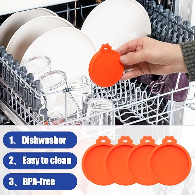 PINE & LINEN 4 Pcs 2.5inch Durable Pet Can Lids,Silicone Small Pet Can Covers Waterproof Cat Food Cans Lids for 3 oz Cat Food Cans（Orange）