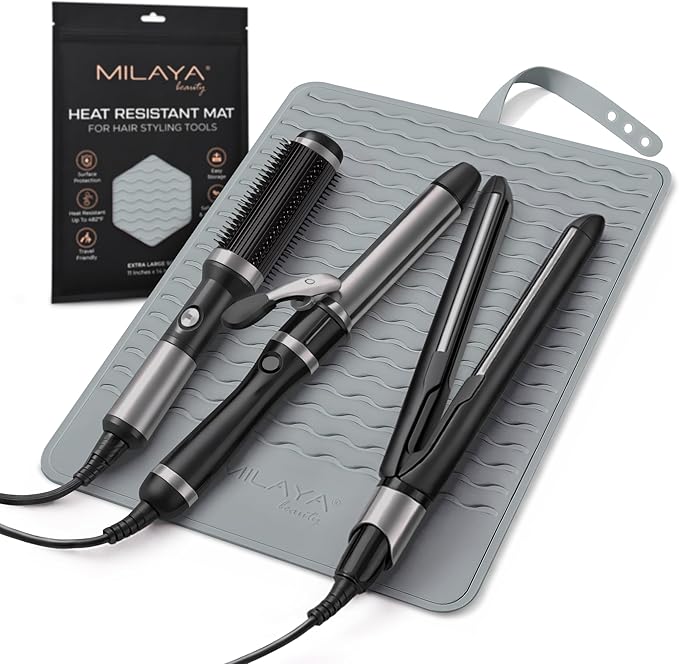 Milaya Beauty Extra Large Heat Resistant Mat for Hair Tools – Silicone Curling Iron Holder & Flat Iron Holder – Non-Slip Hot Tool Mat & Vanity Mat – Vanity Accessories for Women, Salon, Travel