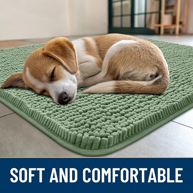Smiry Dog Door Mat for Muddy Paws 24x16, Absorbs Moisture and Dirt Doormat, Non-Slip Washable Quick Dry Chenille Front Door Mat Indoor Entrance, Entryway Carpet for Inside Floor, Olive Green