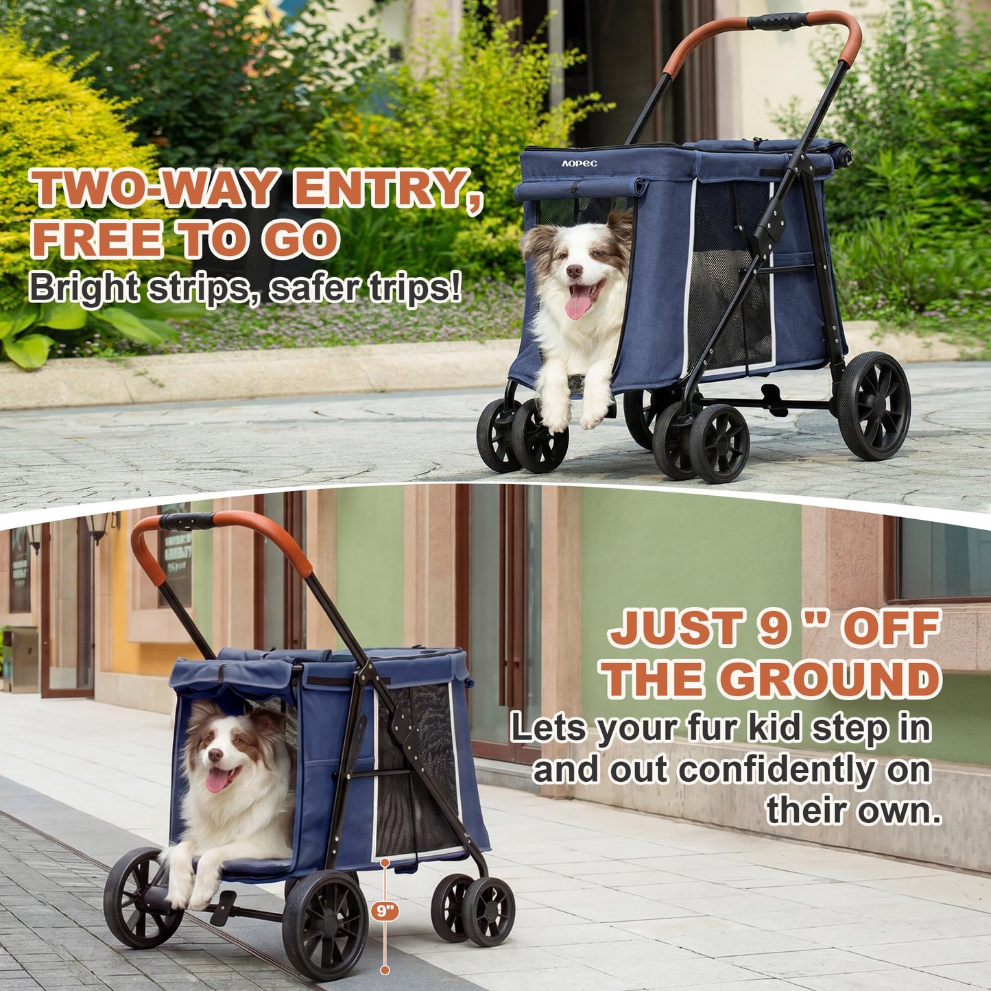 AOPEC Medium Dog Stroller, Dual Entry One-Touch Folding,Small and Medium Pet Stroller,360° Rotating Front Wheels,70 lbs Weight Capacity for Outdoor Travel and Elderly Dogs - Blue