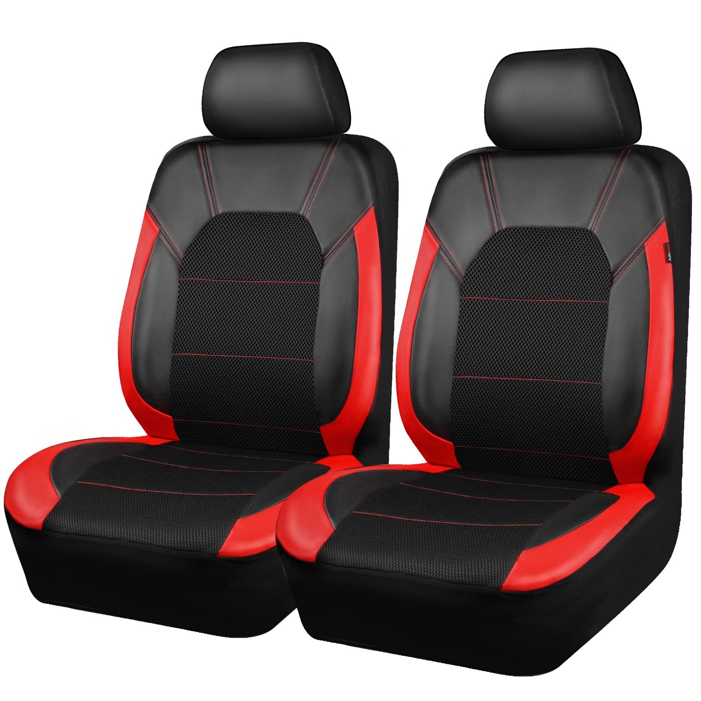 CAR PASS Leather Car Seat Covers Front Seats Only, with Air Mesh Front Seat Covers Breathable, Cool Automotive Seat Covers 2 Pack, Universal Fit Most Cars,SUV,Truck,Van Airbag Compatible(Black & Red)