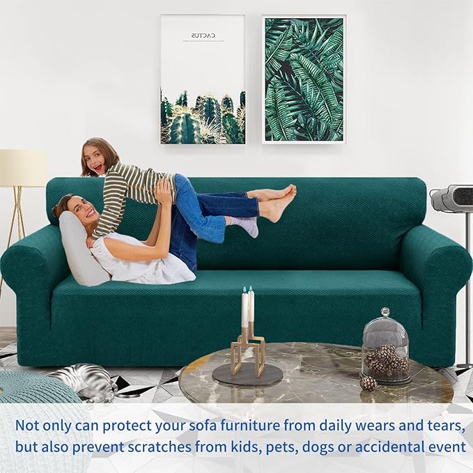 ZNSAYOTX 1 Piece Jacquard Couch Covers for 3 Cushion Couch Living Room High Stretch Sofa Cover Pet Dog Friendly Anti Slip Thickened Slipcovers Furniture Protector (Large, New Pattern Blackish Green)