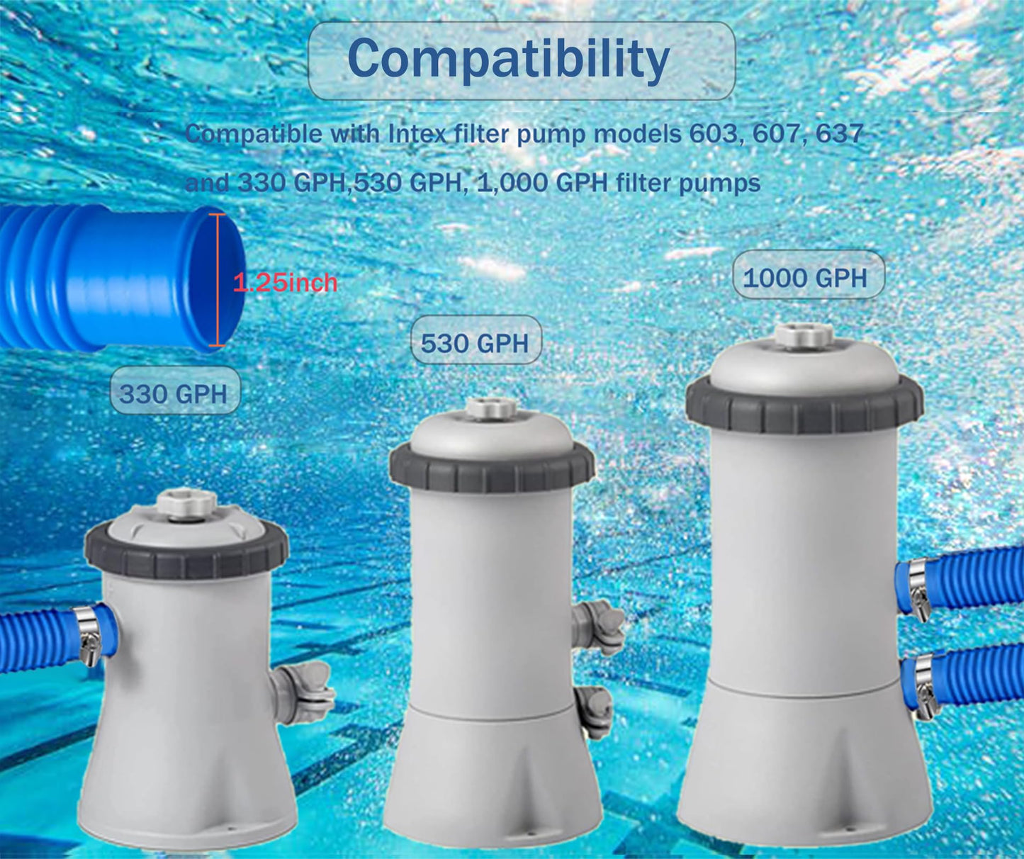 Hxxyilok Pool Hoses Pool Pump Replacement Hose, 1.25 x 59 inch Above Ground Pool Hoses Tubes Compatible with Intex Filter Pump 607, 603, 637, 2 Pack Hose 4 Clamps Poolhose-2Pcs