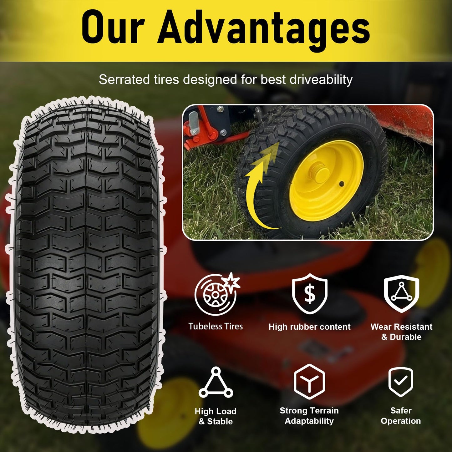 2Pcs 20x10.00-8 Lawn Mower Tires, Rear Tire and Wheel Assemblies for Riding Lawn Mowers, 4-Ply Tubeless Turf-Friendly Tires with 3/4" Borehole, 3.5" Offset Hub and 3/16" Keyway, 1190LBS Load Capacity