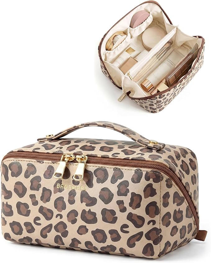 BAGSMART Makeup Bag Travel Cosmetic Bag, Large Make Up Bag Flat Open Toiletry Bag for Women, PU Leather Travel Essentials Organizer Case, Wide-open Pouch Purse for Skincare, Brushes, Brown Leopard