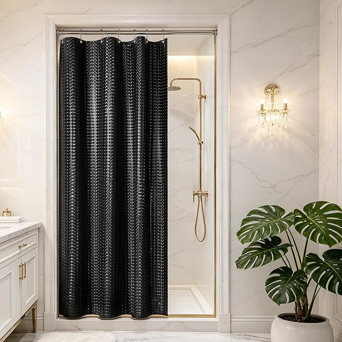 Barossa Design Black Stall Size Shower Curtain Liner 36" W x 72" H - Waterproof PEVA Plastic Shower Liner for Small Bathroom Stall, Lightweight, 3 Magnets & Metal Grommets - Dimensional Black, 36x72