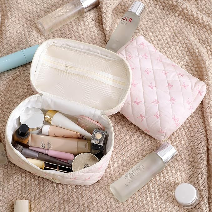 uekeboag Large Travel Quilted Makeup Bag for Women, Floral Cotton Cosmetic Bag, Coquette Aesthetic Floral Toiletry Organizer Bag