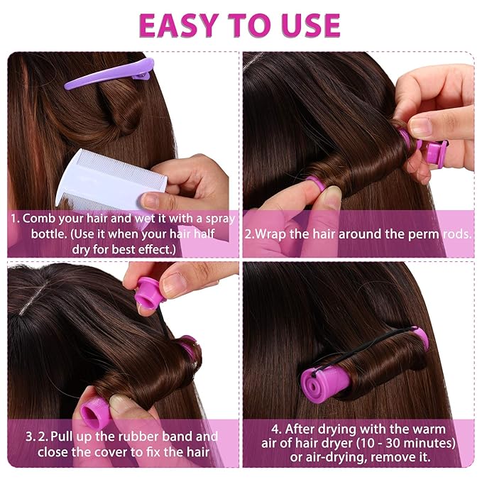 WILLBOND 60 Pcs Short Perm Rods Natural Hair Perm Rods with Elastic Rubber Band Non Slip Plastic Perming Cold Wave Kit for Women Hairdressing Styling Tool(0.75 Inch,Purple)