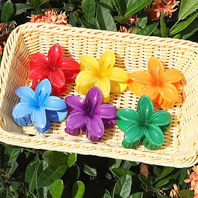Flower Hair Clips for Women 6 Pcs Hawaiian Large Claw Clips Plumeria Medium Hair Claw Clips for Thick Thin Hair Hibiscus Tropical Beach Hair Accessories for Women Girls and Girls-Dark Color