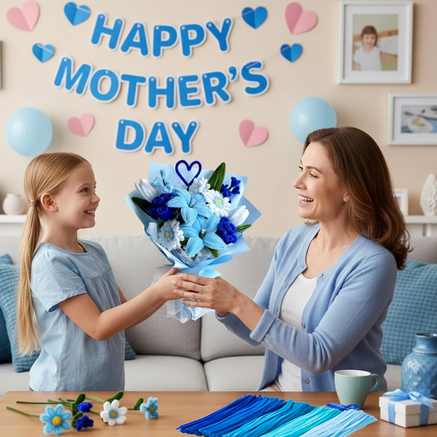 Caydo 500 Pieces Blue Flowers Pipe Cleaners, Craft Chenille Stems Bulk for DIY Art and Craft Projects Creative Gift and Mother's Day Decorations