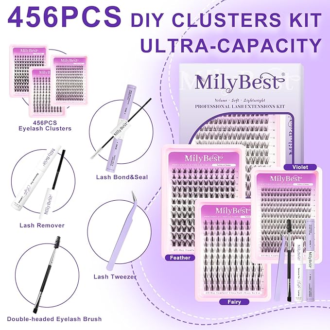 MilyBest Natural Lashes Clusters Lash Kit Fairy Eyelash Clusters with Bond&Seal 3 Styles Wispy 456Pcs Cluster Eyelash Extensions Kit Mixed C-Curl Individual Lash Clusters Thin Band DIY at Home Easily