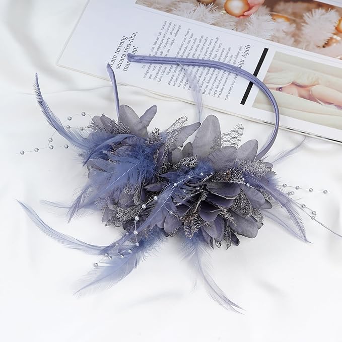 Womens Fascinators Hats Tea Party Hats for Women, Feather Pearl Veil Headband for Wedding Cocktail Dresses Accessories