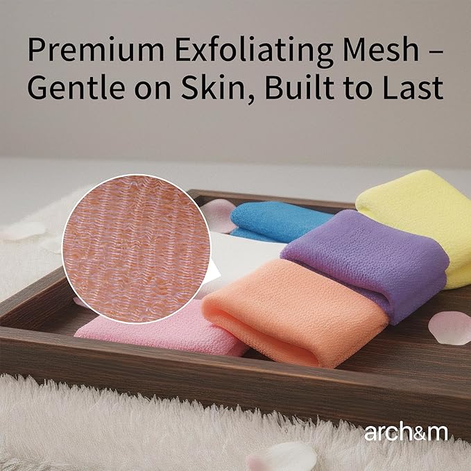 ARCH&M Exfoliating Washcloth (3 Pack), Japanese Body Scrubber for Shower, Long Nylon Towel for Back, Korean Exfoliation for Glowing Skin (Gray Black Off-White)