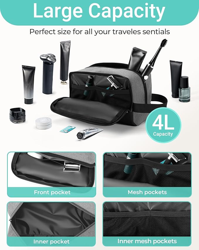 Elviros Travel Toiletry Bag for Men Hanging Dopp Kit Shaving Bag Toiletries Organizer Small Toiletry Bag for Traveling (Grey&Black,Large)