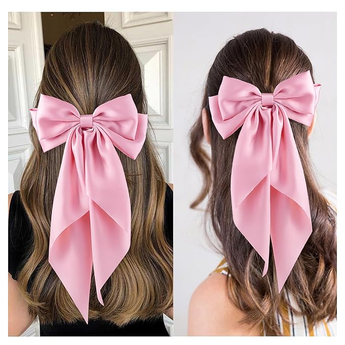 6Pcs Large Bows Hair Clips for Women Girls Long Tail Hair Ribbon Silky Satin Barrettes Coquette Bows Accessories (Pink)
