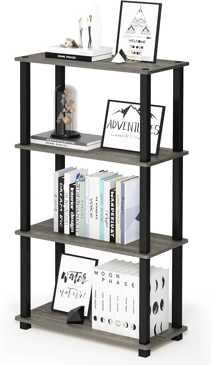 Furinno TURN-S-TUBE Storage Shelves, 4-Tier Book Shelf, Corner Shelf, Toolless Open Shelves, for Organization and Storage, Living Room, Garage, Home Office, French Oak