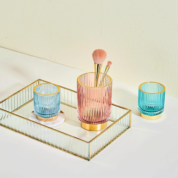 Makeup Brush Organizer, Toothbrush Holder, Desk Pen Pencil Holder, Multifunctional Vintage Glass Brush Cup (S/Blue/A3-13-US)