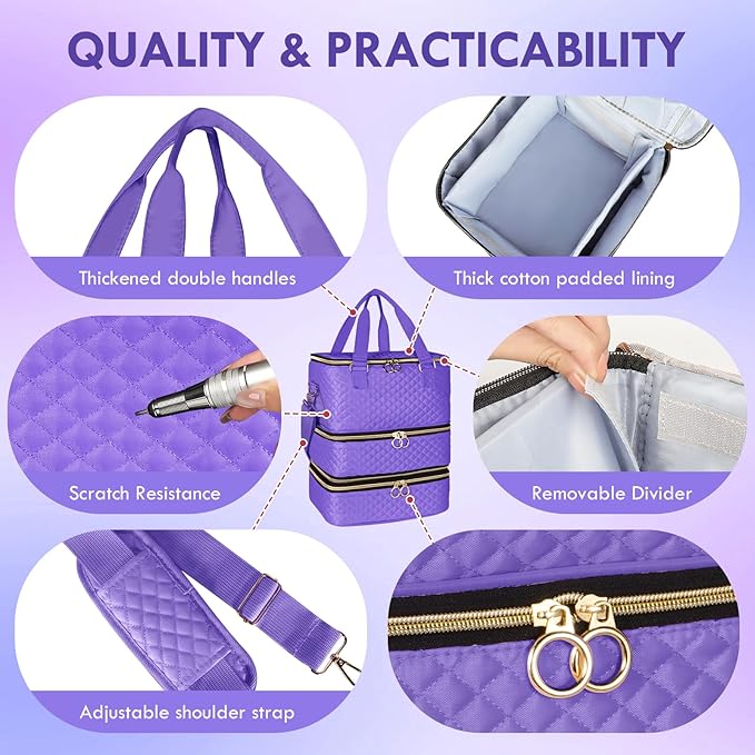 Nail Polish Organizer Bag Hold 84 Bottles(15ml/0.5 fl.oz), 3 Layers Nail Kit Supplies Organizer Bag Travel, Nail Organizers and Storage Case with Holder & Shoulder Strap, Purple