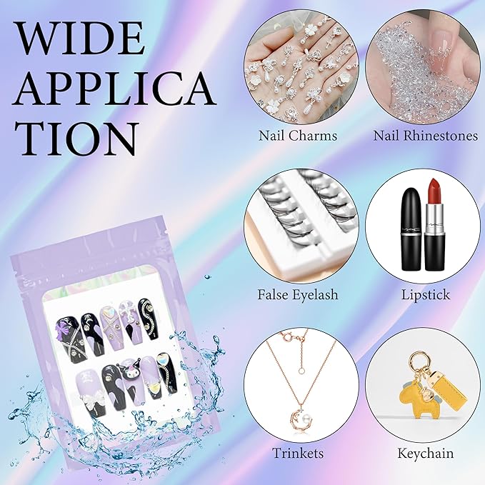 100PCS Empty Solid Purple Holographic Nail Storage Bag Press on Nail Packaging Bag and 100PCS Shiny white cardboard Nail Tips Packaging Bags with 1 Roll Transparent Tape
