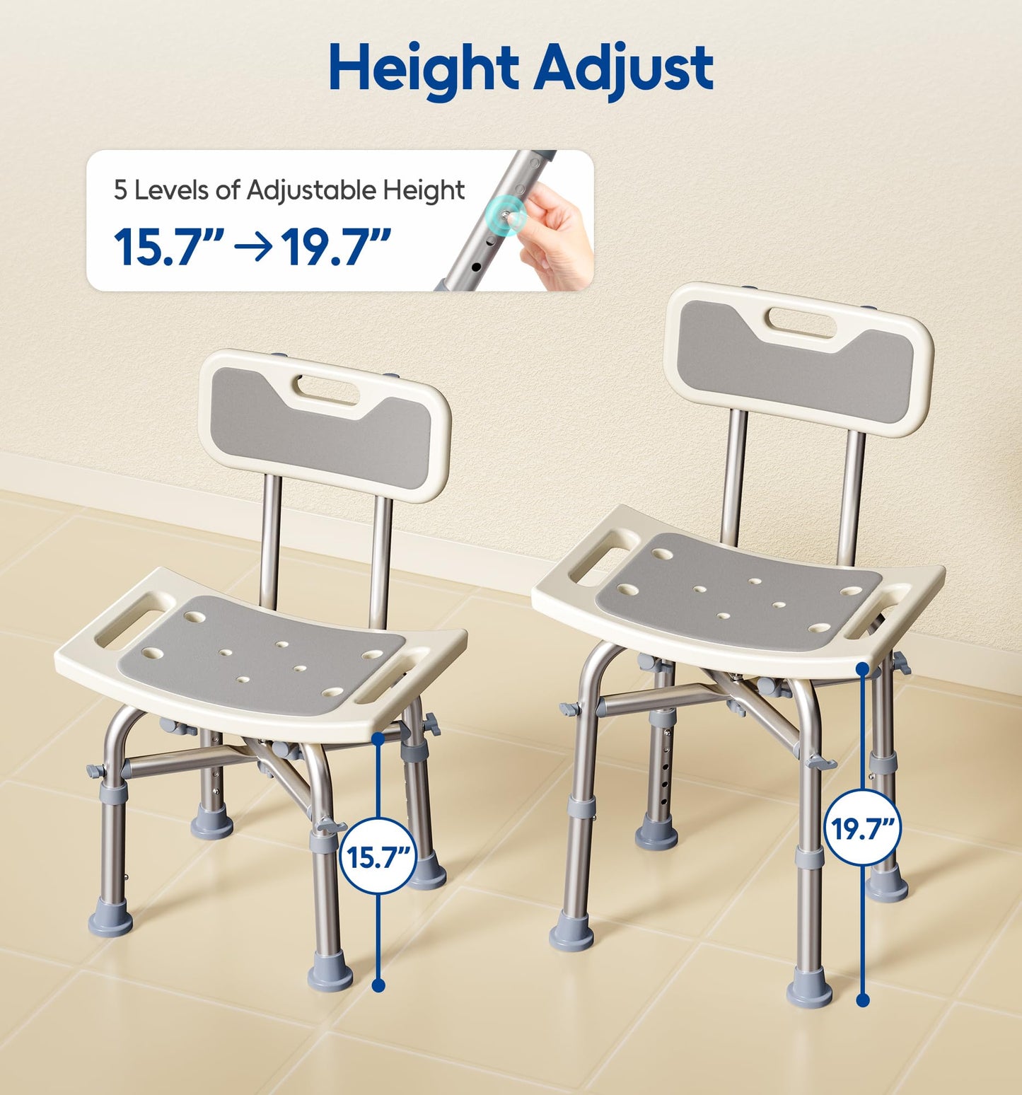 Bluelog Shower Chair with Back for Elderly and Disabled, Shower Seat Bench Stool, Adjustable Height, 350 lbs Capacity, Rectangular