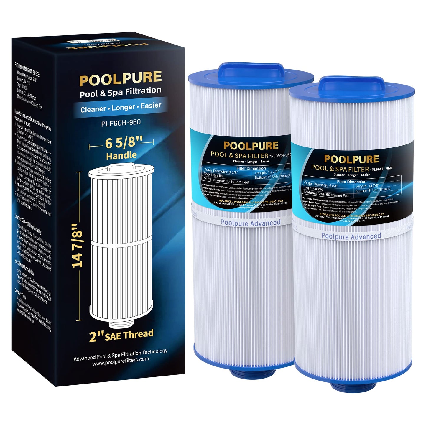 POOLPURE J300 Spa Filter Replaces PJW60TL-F2S, Jacuzzi Filters J-300, J400, Unicel 6CH-960, Filbur FC-2800, 6540-476, 6540-383, Hot Tub Filter with Closed Handle(Not be Removed) 2 Pack