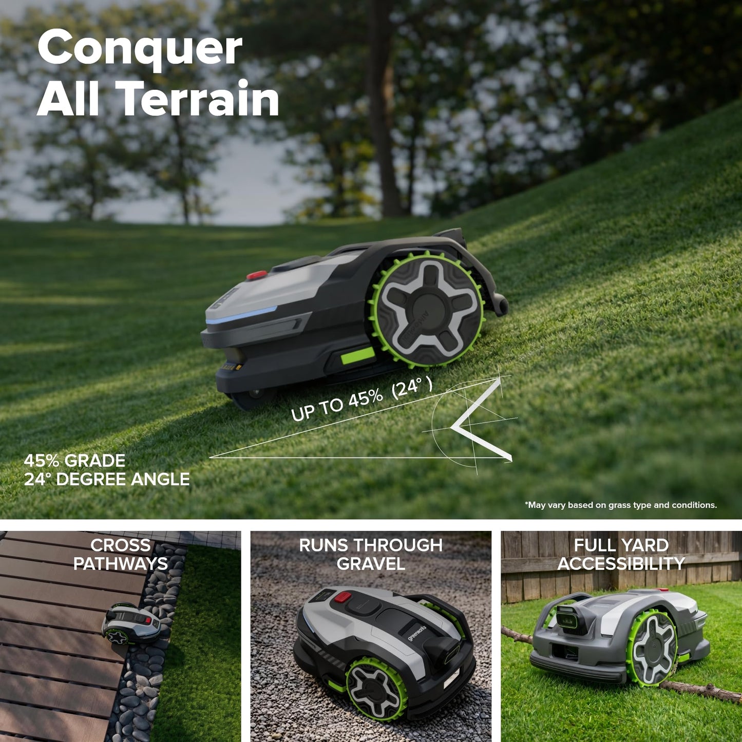 Greenworks C30Z Wire-Free Robotic Lawn Mower, up to 3/4 Acre, RTKVision Navigation, 24-Degree Slope Climbing, Smart Obstacle Avoidance, App Control with Electric Height Adjustment