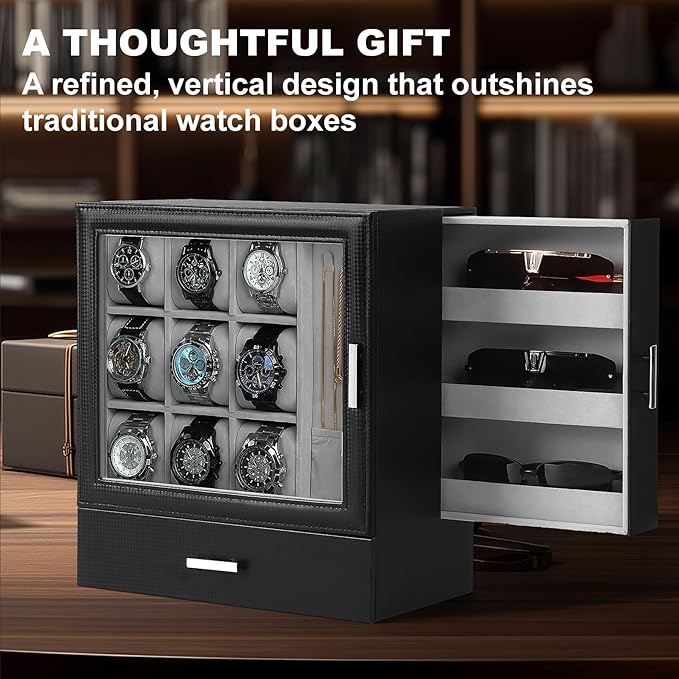 9-Slot Watch Display Case with Necklace Display, High End Men Jewelry Box w/ Drawer, Standing Watch Box for Men w/ Clear Lid, Watch Case for Sunglasses, Vertical Storage, Space Saving, Ideal Gift