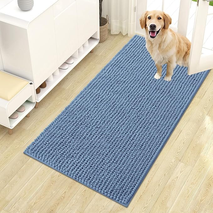 OLANLY Dog Door Mat for Muddy Paws 44x24, Ultra Absorbent Chenille Mud Doormat, Non-Slip Washable and Dirt Trapping Doormat for Indoor Entryway, Quick-Dry Indoor Pet Bed Mats for Dogs, Airy Blue