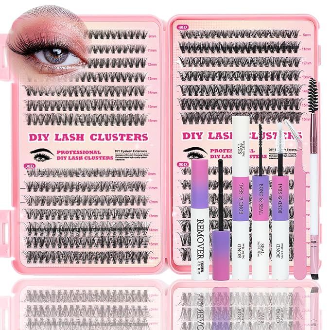Lash Clusters Kit, 560 Pcs Eyelashes Clusters Kit 9-16mm Individual Lash Extension Kit D Curl Fluffy Wispy False Eyelashes (20D+30D+40D+50D, Lash Clusters Kit)