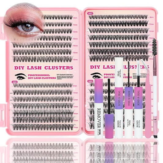 Lash Clusters Kit, 560 Pcs Eyelashes Clusters Kit 9-16mm Individual Lash Extension Kit D Curl Fluffy Wispy False Eyelashes (20D+30D+40D+50D, Lash Clusters Kit)