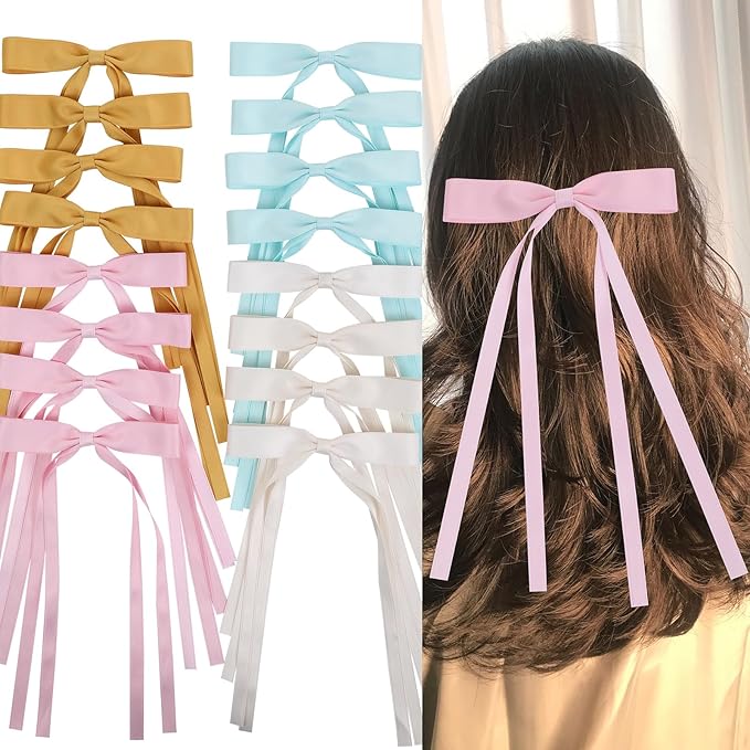 Hair Bows Clips Coquette Ribbon Bowknot with Long Tail Princess Hair Bows French Barrettes Hair Accessories for Women Girls 16PCS (Pink, Yellow, Cream, Aquamarine)