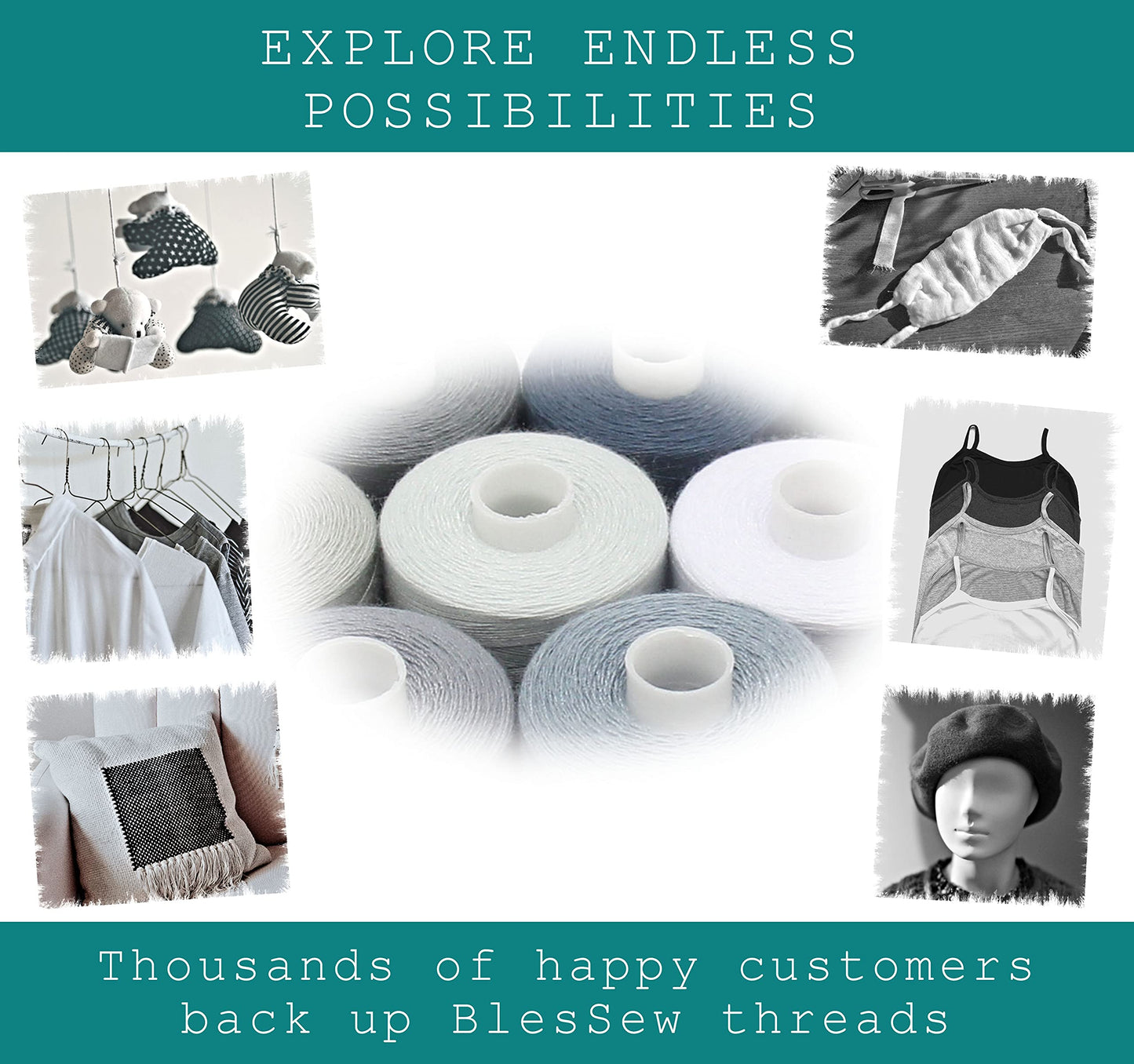 BlesSew Gray Sewing Threads - 10 Large Spools of Polyester Thread for Hand, Quilting & Sewing Machine - Grey Shades Plus Black & White - 1000 Yards Per Spool