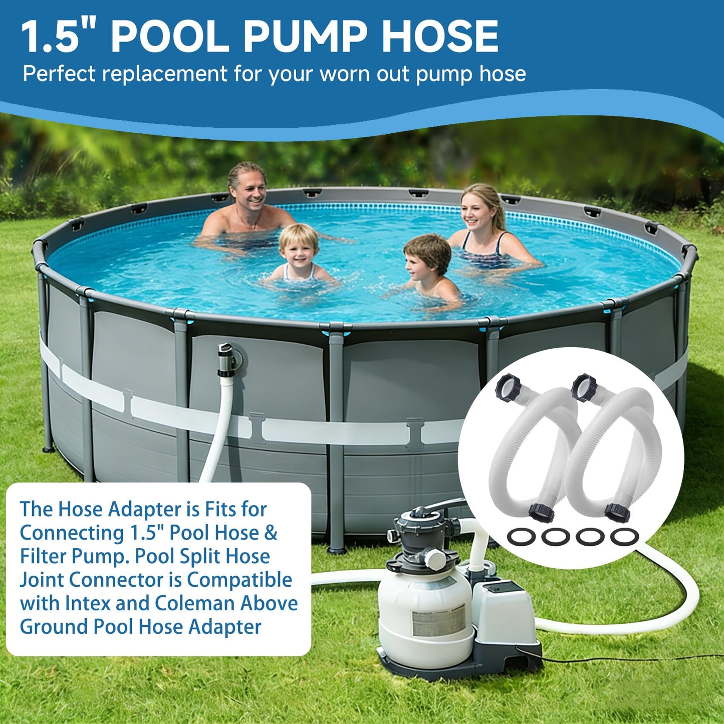 1.5 Inch Pool Hoses for Above Ground Pools, 1.5'' x 59" Sand Filter Hose Accessories, Pool Pump Hose Replacement Compatible with Intex Coleman Bestway Filters & Saltwater Systems, 2 Pack