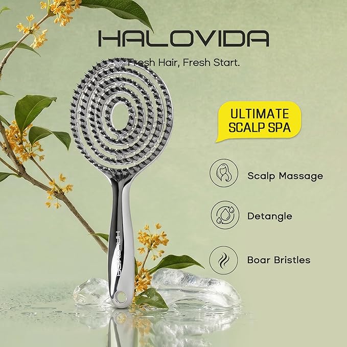 HALOVIDA Hair Brush for Women with Double layer Boar Bristle & Nylon Detangler with Elastic Air Cushion Anti Static Scalp Massage Brush for Smooth Frizz Free Hair (1 Pack）