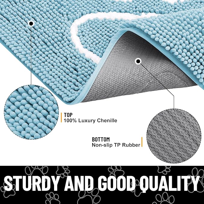 Smiry Dog Door Mat for Muddy Paws, Absorbent Dirt Trapper Non Slip Quick Dry Washable Chenille Mat for Mud Dogs, Entry Rug for Indoor and Outdoor (59x35 Inches, Sky Blue and White)