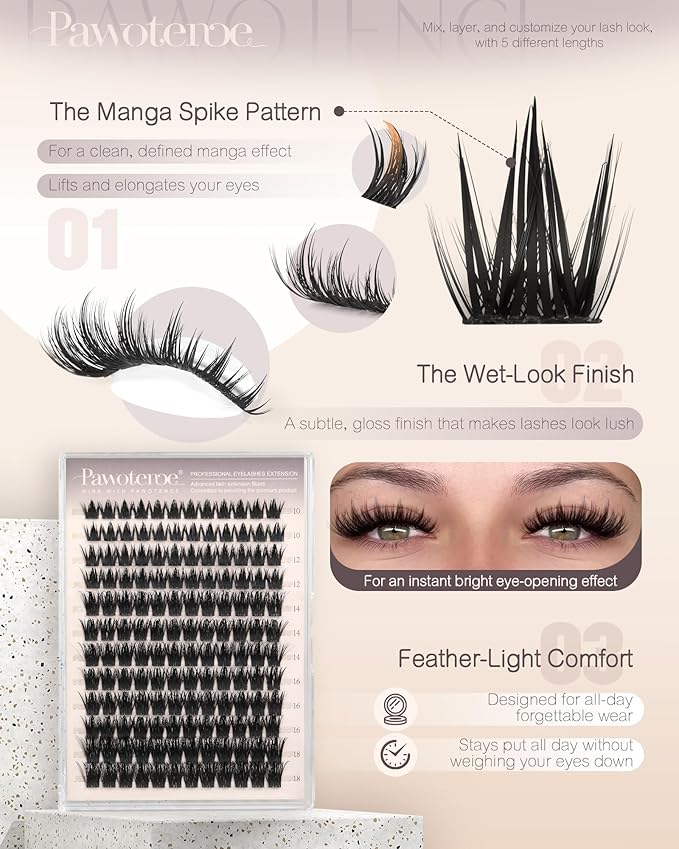 Pawotence Manga Lash Clusters 10-18mm Eyelash Clusters 144pcs Cluster Eyelash Extensions Anime Cluster Lashes Individual False Eyelashes for DIY Lash Extension