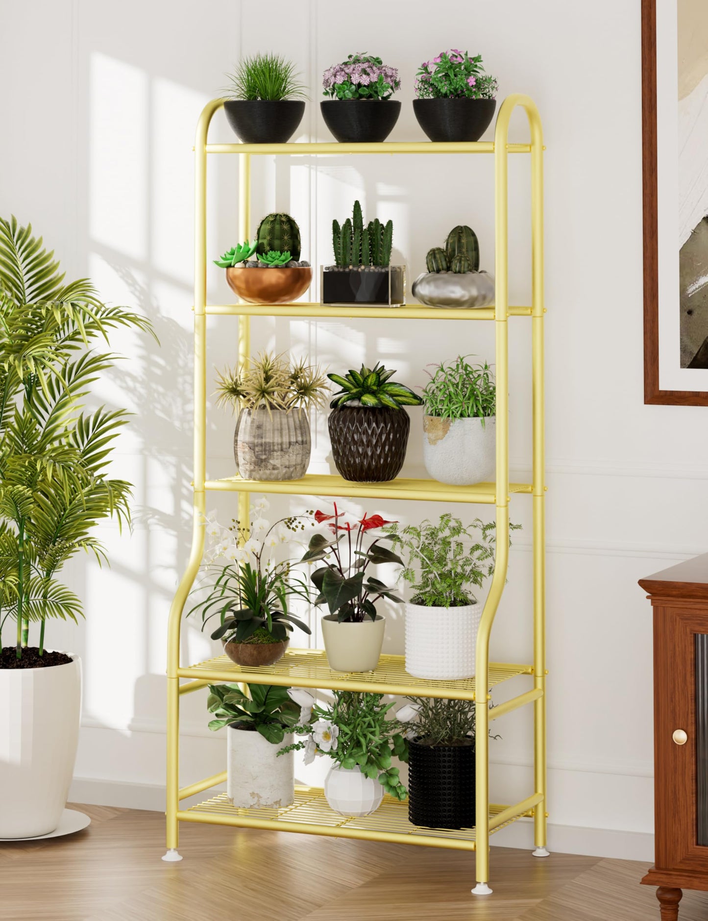 Yutrchey 5-Tier Metal Plant Stand - Heavy Duty Indoor Outdoor Flower Shelf for Multiple Pots, 65" Tall Vertical Holder with Adjustable Leveling Feet & Wall-Fixing Kits, Gold