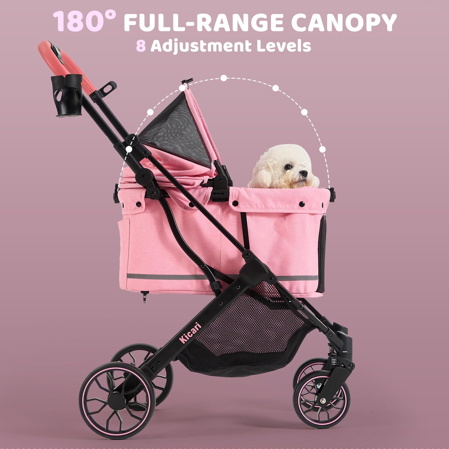 Kicari All-Terrain Dog Stroller for Small to Medium Dogs, Pet Stroller for Dogs & Cats Outdoor Walks, One-Hand Easy Fold, Double-Layer Anti-UV & Waterproof Canopy & Breathable Mesh, Sakura Pink