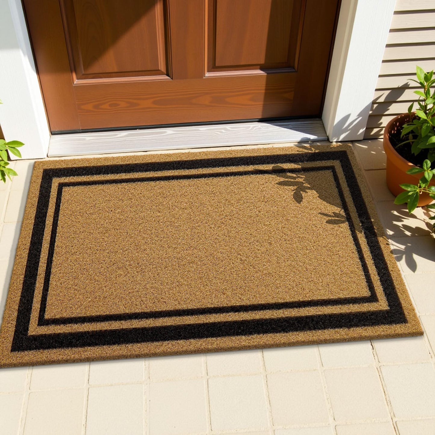 OLANLY Front Door Mat, Low Profile Doormat, Stain and Fade Resistant, Easy to Clean, for Indoor and Outdoor Entrances, Patio Porch or Entryway, Brown (59x34 Inch, Classic Border)