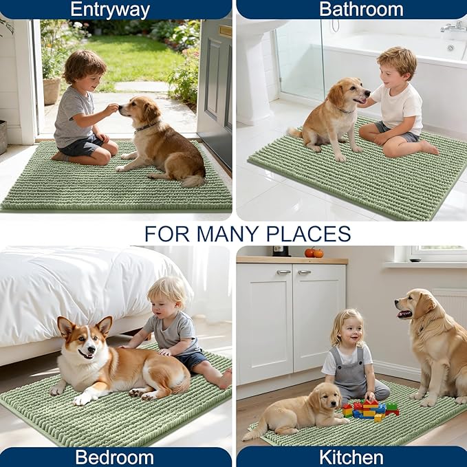 OLANLY Dog Door Mat for Muddy Paws 44x24, Ultra Absorbent Chenille Mud Doormat, Non-Slip Washable and Dirt Trapping Doormat for Indoor Entryway, Quick-Dry Indoor Pet Bed Mats for Dogs, Sage Green