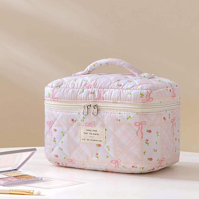 HBselect Quilted Makeup Bag, 3PCS Cotton Large Travel Makeup Bag, Cute Floral Coquette Make up Bag Cosmetic Bag Toiletry Bag for Women Girls