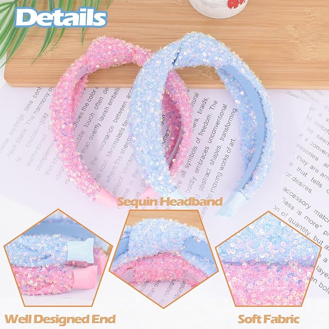 Knotted Headbands for Girls, Non Slip Girl Headband Wide Top Knot Head Bands Mommy and Me Fashion Hairband Womens Turban Hair Accessories(Glitter Blue & Glitter Pink,2Pcs)